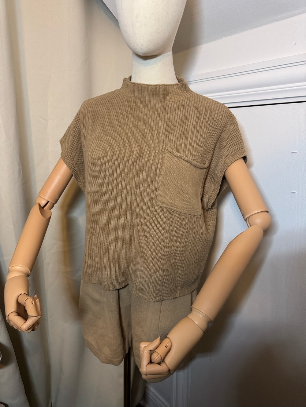 Neutral Knit Short Sleeve Top with Pocket and Shorts